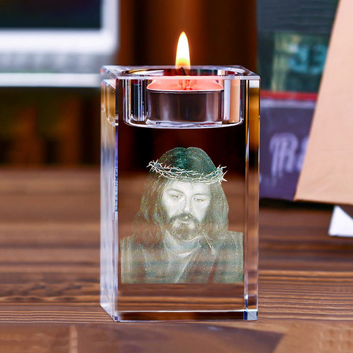 Christianartworkshop Luminous Tealight Compatible Inner Engraved Holy Figure Crystal Holder: A Symbol of Peaceful Prayer Atmosphere - Jesus Christ with Crown of Thorns - 1.97''*1.97''*3.94''/5*5*10cm - image 16