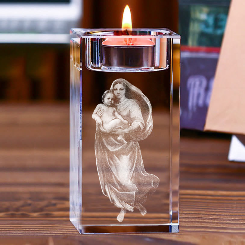 Christianartworkshop Luminous Tealight Compatible Inner Engraved Holy Figure Crystal Holder: A Symbol of Peaceful Prayer Atmosphere - Madonna and Child B - 1.97''*1.97''*3.94''/5*5*10cm - image 10