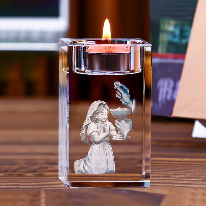 Christianartworkshop Luminous Tealight Compatible Inner Engraved Holy Figure Crystal Holder: A Symbol of Peaceful Prayer Atmosphere - First Holy Communion Girl - 1.97''*1.97''*3.94''/5*5*10cm - image 6