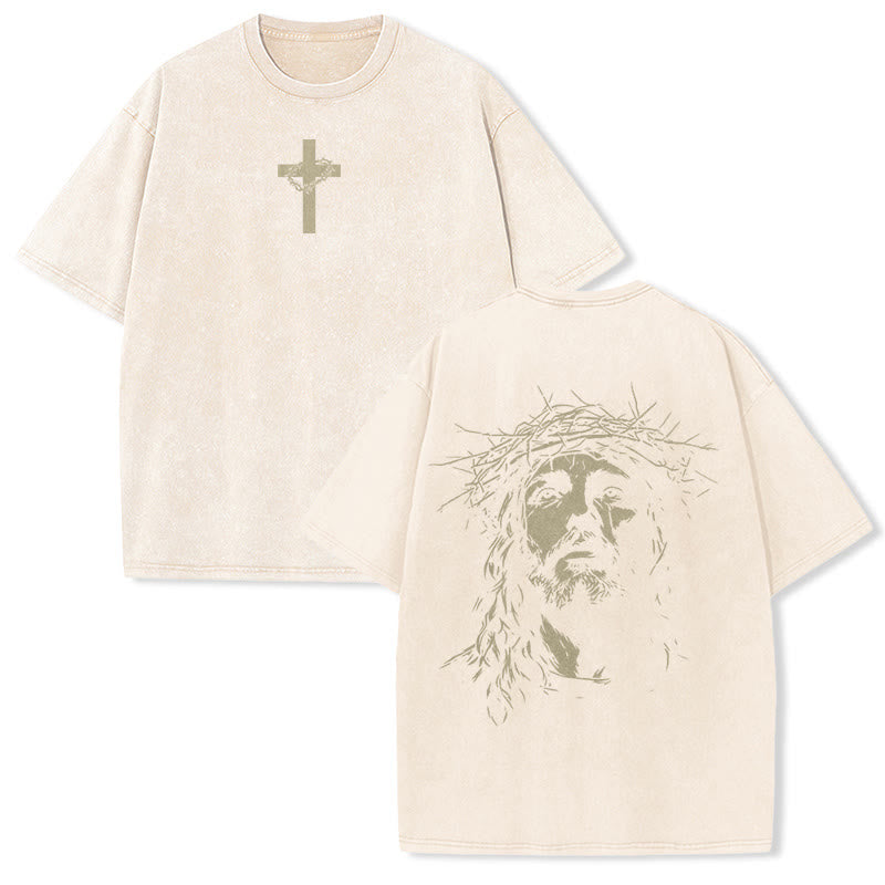 Christianartworkshop Cross with Crown of Thorns Detail Washed Unisex T-Shirt - Beige - 5XL - image 5