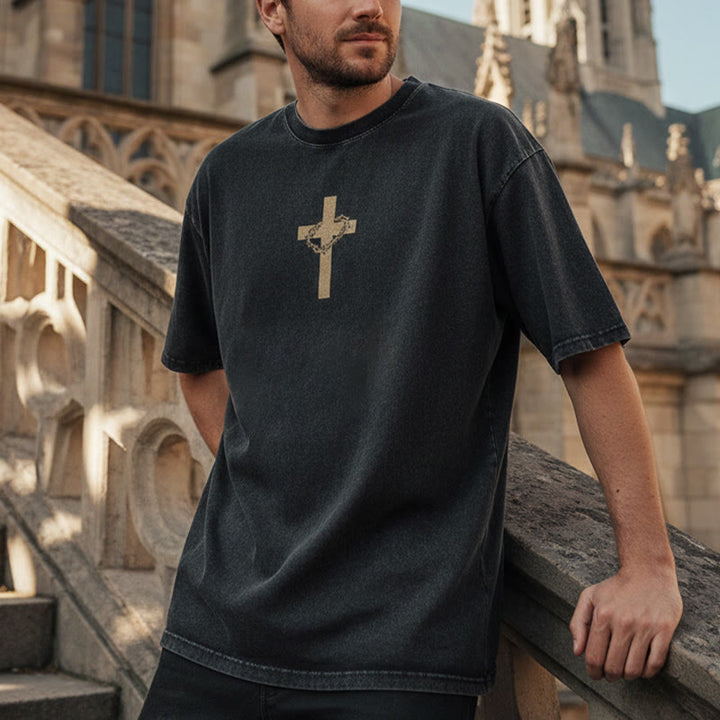 Christianartworkshop Cross with Crown of Thorns Detail Washed Unisex T-Shirt - image 1