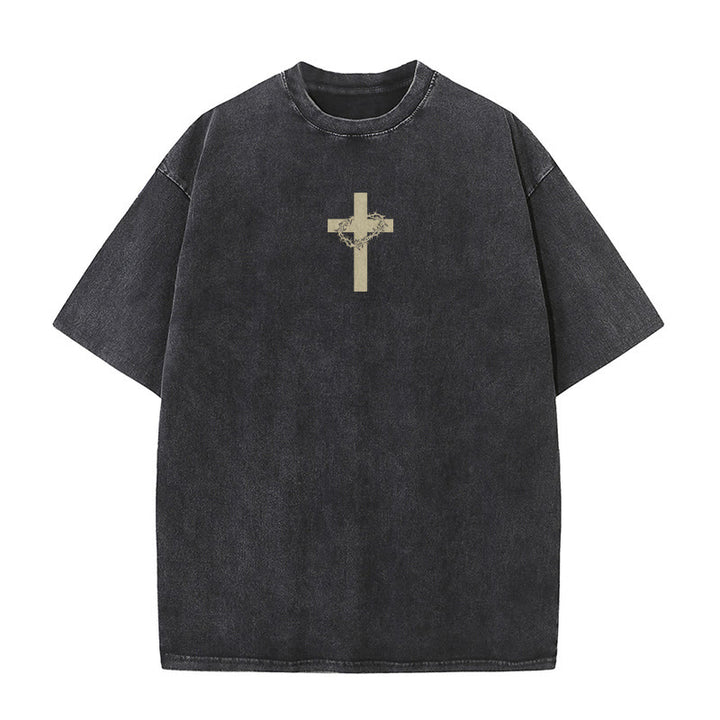 Christianartworkshop Cross with Crown of Thorns Detail Washed Unisex T-Shirt - image 4
