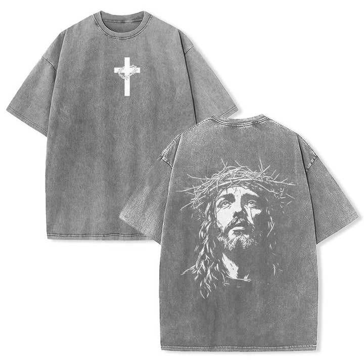 Christianartworkshop Cross with Crown of Thorns Detail Washed Unisex T-Shirt - Grey - 5XL - image 26