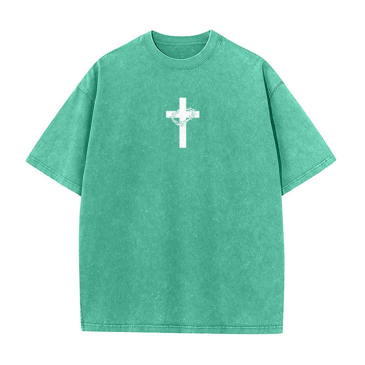 Christianartworkshop Cross with Crown of Thorns Detail Washed Unisex T-Shirt - image 13