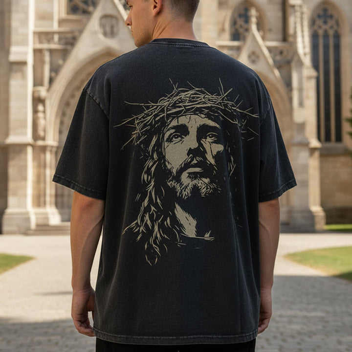 Christianartworkshop Cross with Crown of Thorns Detail Washed Unisex T-Shirt - image 0