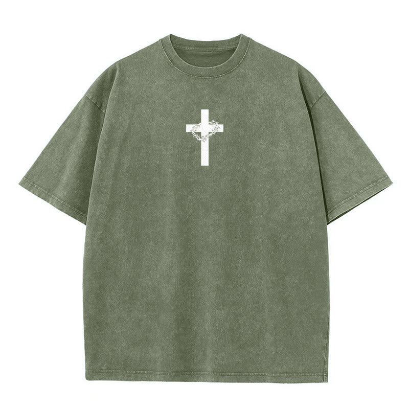 Christianartworkshop Cross with Crown of Thorns Detail Washed Unisex T-Shirt - image 10