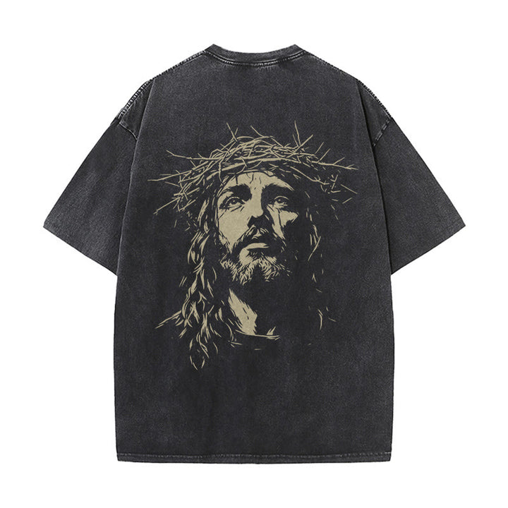 Christianartworkshop Cross with Crown of Thorns Detail Washed Unisex T-Shirt - image 3