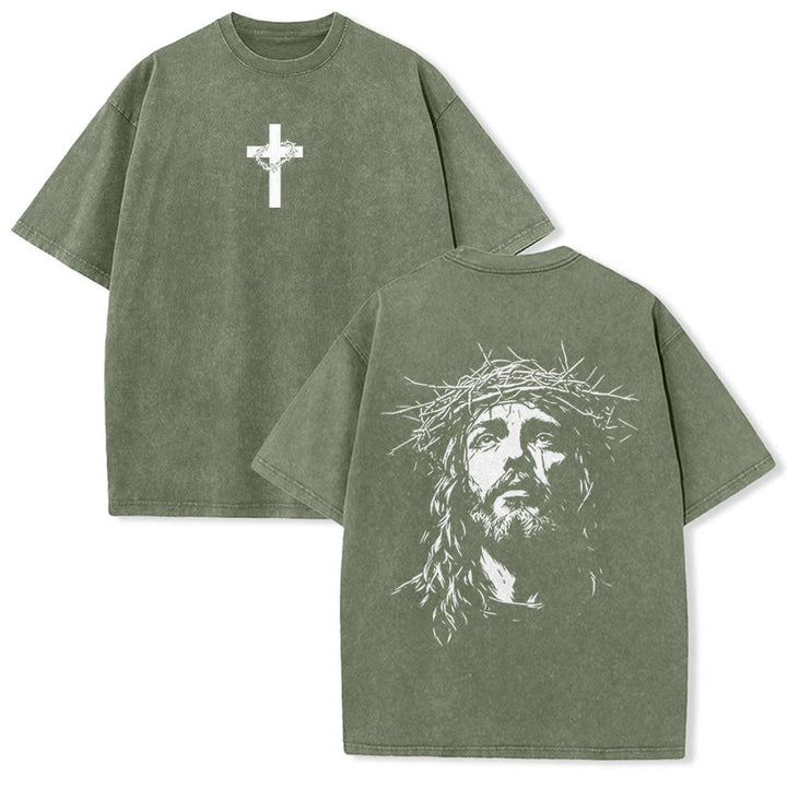 Christianartworkshop Cross with Crown of Thorns Detail Washed Unisex T-Shirt - Army Green - 5XL - image 8