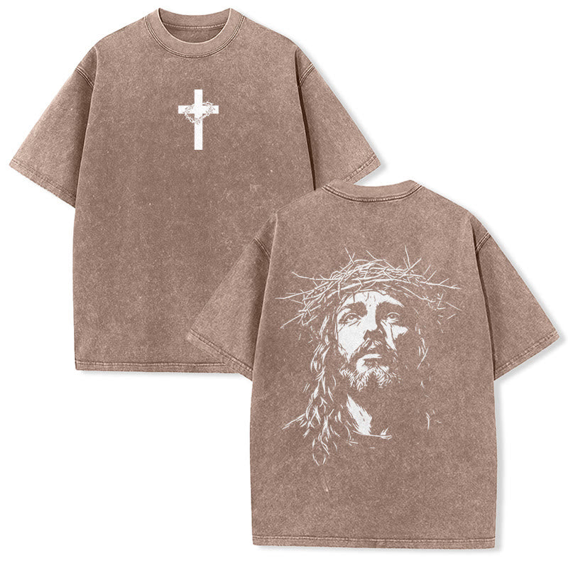 Christianartworkshop Cross with Crown of Thorns Detail Washed Unisex T-Shirt - Brown - 5XL - image 14