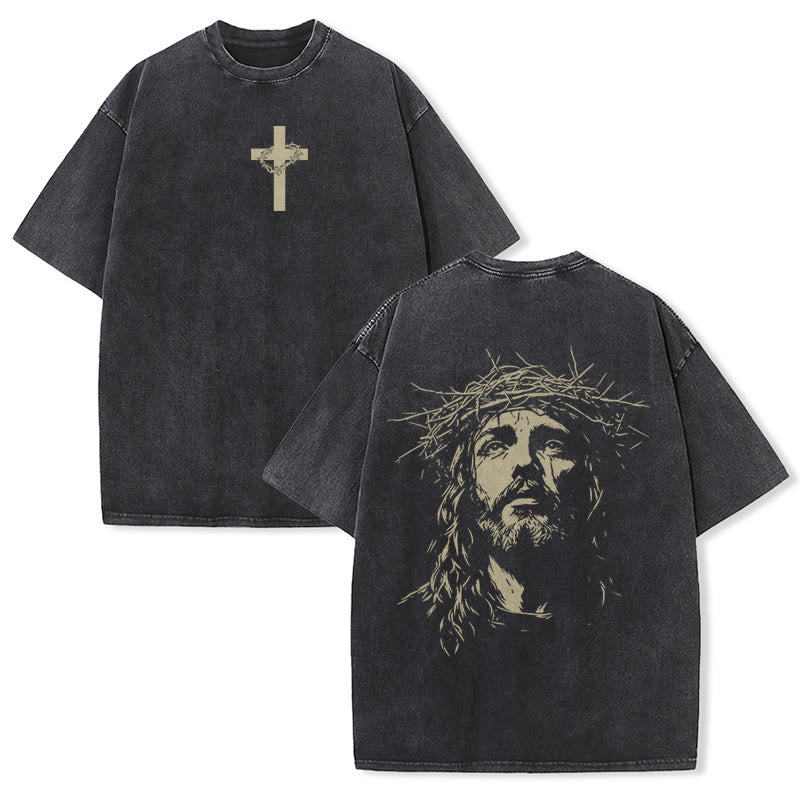 Christianartworkshop Cross with Crown of Thorns Detail Washed Unisex T-Shirt - Black - 5XL - image 2
