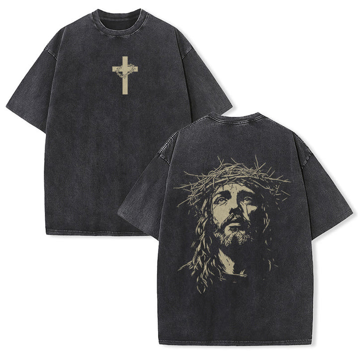 Christianartworkshop Cross with Crown of Thorns Detail Washed Unisex T-Shirt - Black - 5XL - image 2