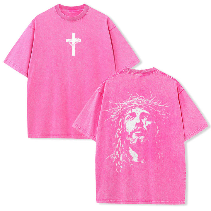 Christianartworkshop Cross with Crown of Thorns Detail Washed Unisex T-Shirt - Pink - 5XL - image 17