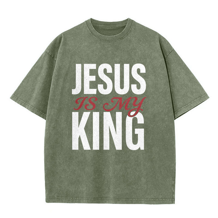 Christianartworkshop Jesus Is My King Casual Believer Washed Unisex T-Shirt - Army Green - 5XL - image 5
