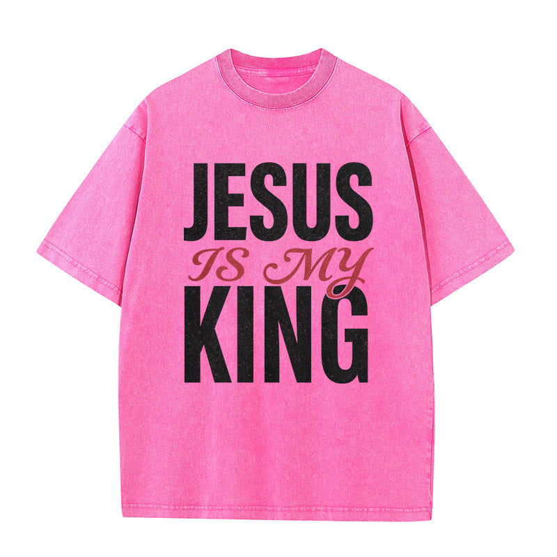 Christianartworkshop "Jesus Is My King" Casual Believer Washed Unisex T-Shirt - Pink - 5XL - image 7