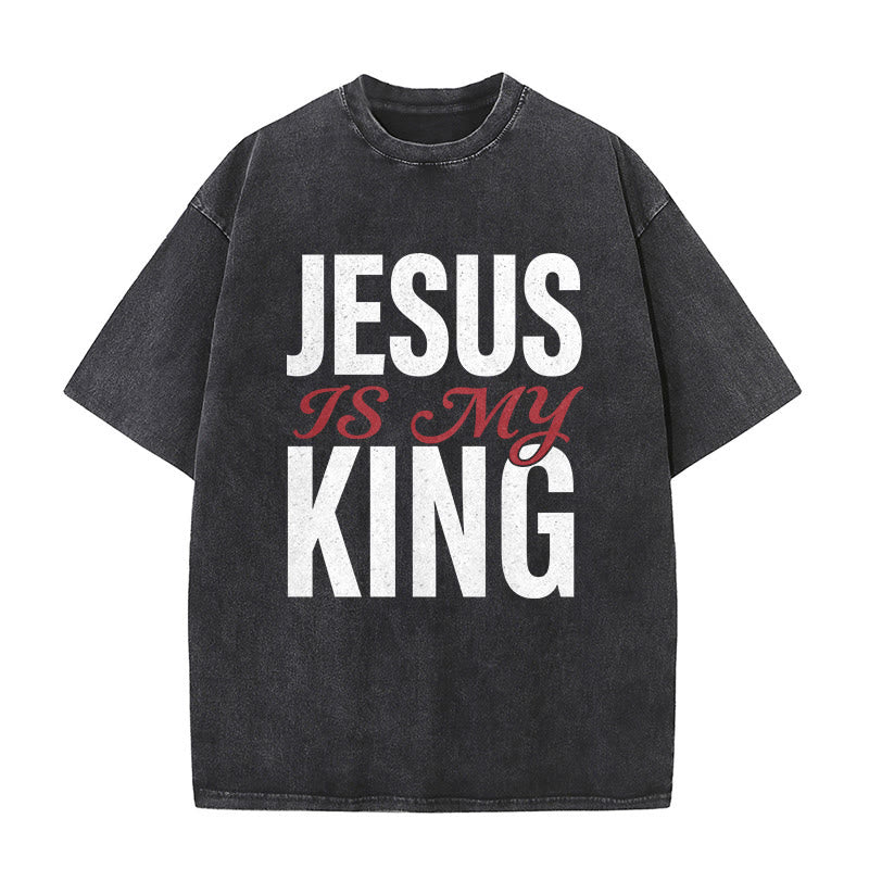 Christianartworkshop "Jesus Is My King" Casual Believer Washed Unisex T-Shirt - Black - 5XL - image 4