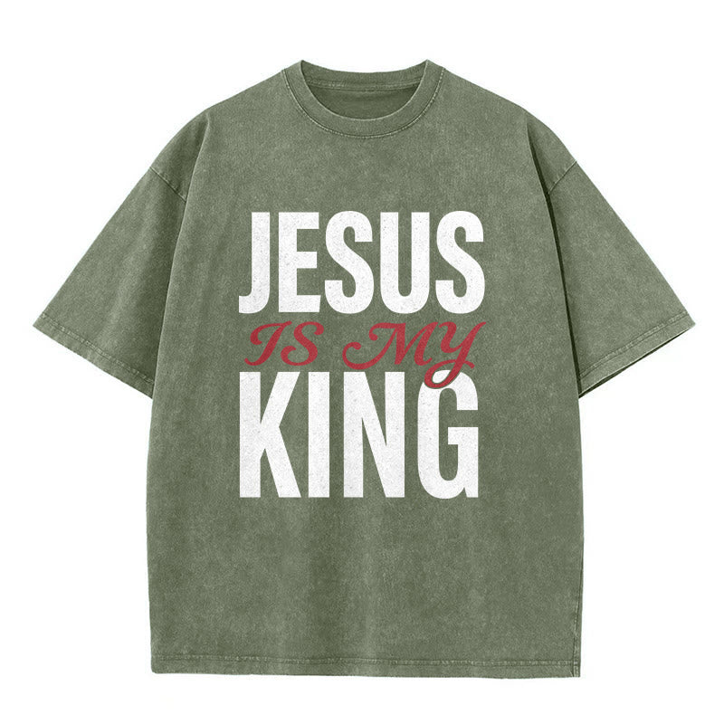 Christianartworkshop "Jesus Is My King" Casual Believer Washed Unisex T-Shirt - Army Green - 5XL - image 5