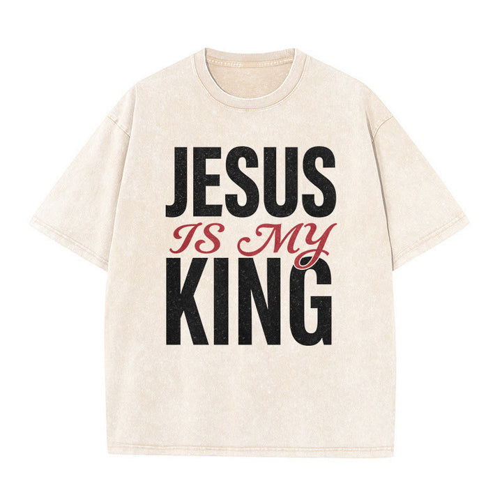 Christianartworkshop Jesus Is My King Casual Believer Washed Unisex T-Shirt - Beige - 5XL - image 2