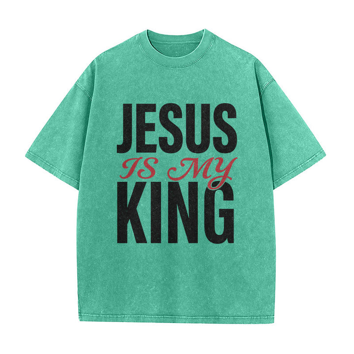 Christianartworkshop "Jesus Is My King" Casual Believer Washed Unisex T-Shirt - Green - 5XL - image 3
