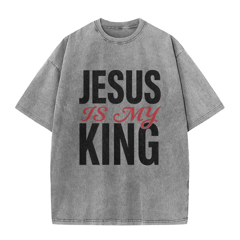 Christianartworkshop Jesus Is My King Casual Believer Washed Unisex T-Shirt - Grey - 5XL - image 9