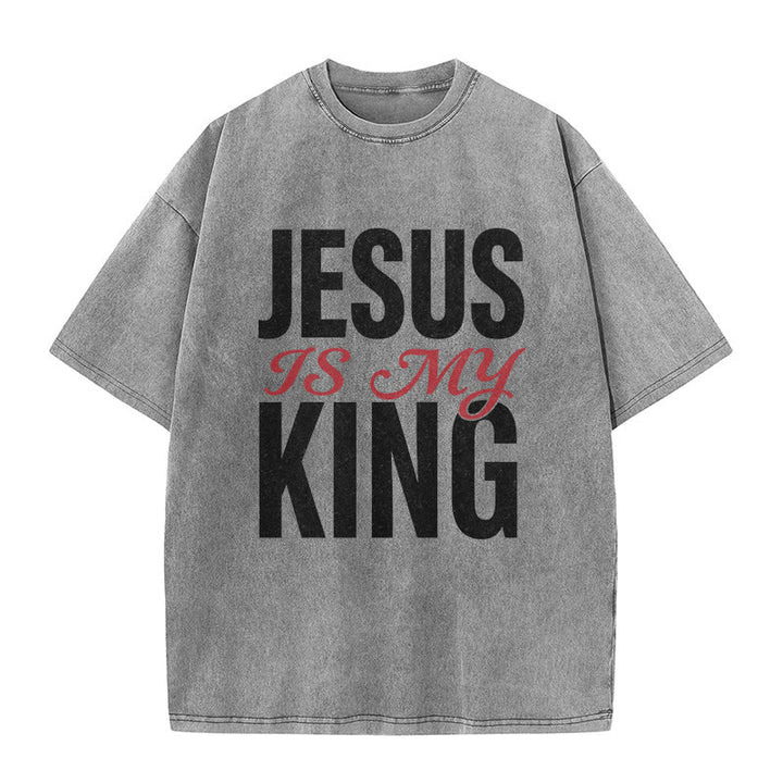 Christianartworkshop Jesus Is My King Casual Believer Washed Unisex T-Shirt - Grey - 5XL - image 9