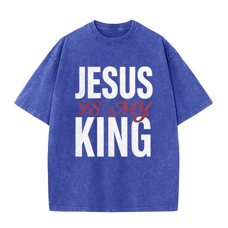 Christianartworkshop Jesus Is My King Casual Believer Washed Unisex T-Shirt - Blue - 5XL - image 1
