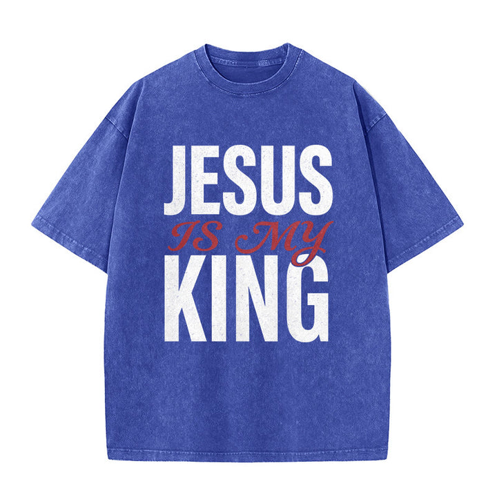 Christianartworkshop Jesus Is My King Casual Believer Washed Unisex T-Shirt - Blue - 5XL - image 1