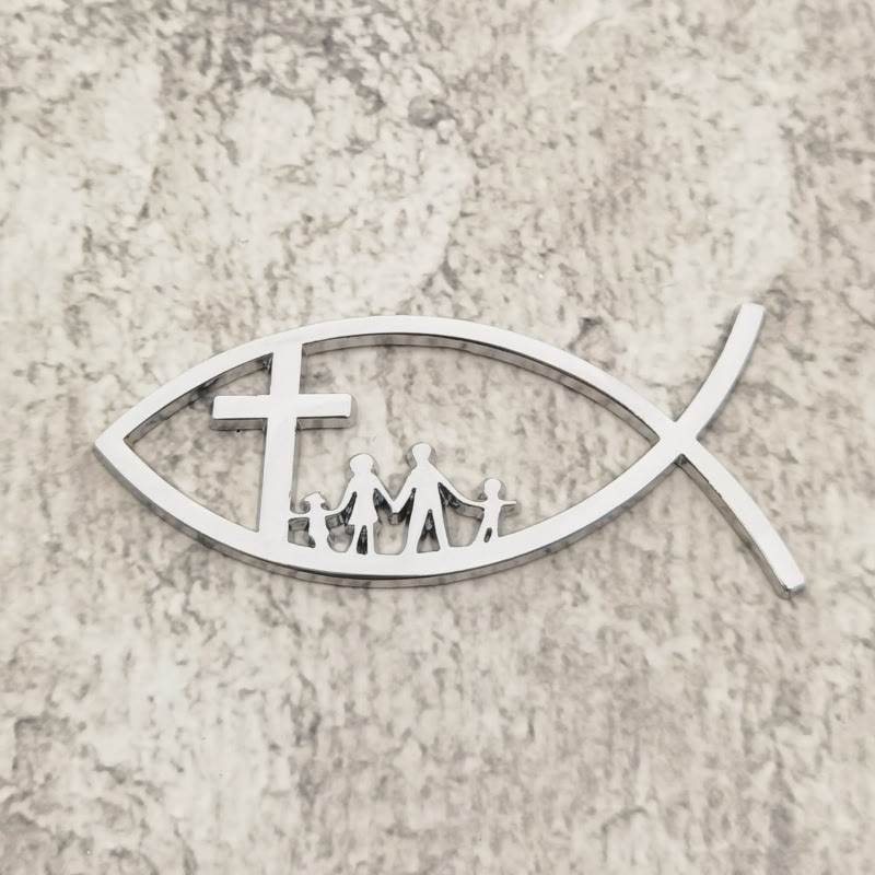 Christianartworkshop Ichthys Hollow Fish Car Sticker with Cross & Family Silhouette: A Symbol of Family Blessing & Divine Shelter - Silver - image 1