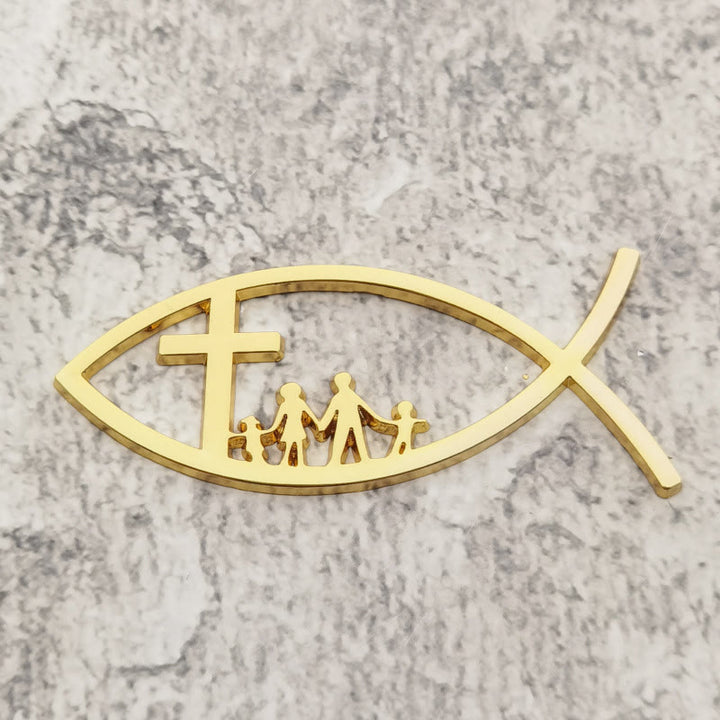 Christianartworkshop Ichthys Hollow Fish Car Sticker with Cross & Family Silhouette: A Symbol of Family Blessing & Divine Shelter - Golden - image 4