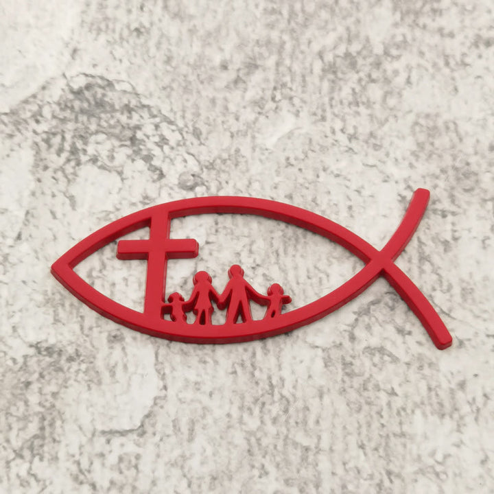 Christianartworkshop Ichthys Hollow Fish Car Sticker with Cross & Family Silhouette: A Symbol of Family Blessing & Divine Shelter - Red - image 2