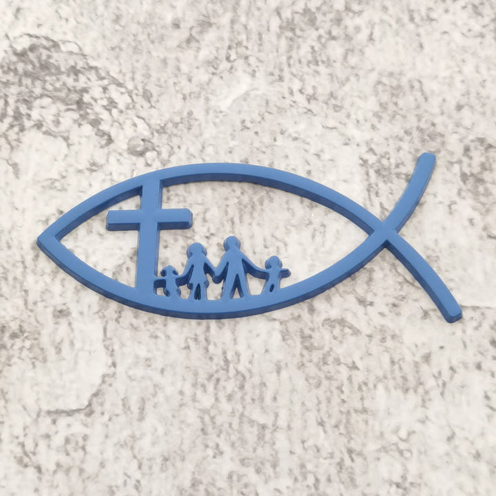 Christianartworkshop Ichthys Hollow Fish Car Sticker with Cross & Family Silhouette: A Symbol of Family Blessing & Divine Shelter - Blue - image 8