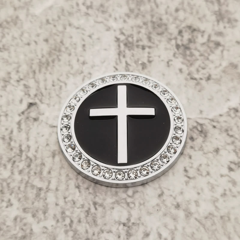 Christianartworkshop Rhinestone Rim Circular Raised Cross Car Sticker: A Symbol of Divine Grace & All-Round Journey Protection - Silver & Black - image 1