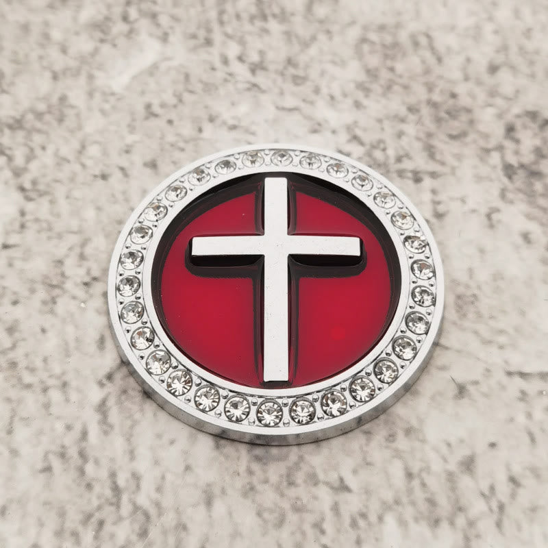 Christianartworkshop Rhinestone Rim Circular Raised Cross Car Sticker: A Symbol of Divine Grace & All-Round Journey Protection - Silver & Red - image 2
