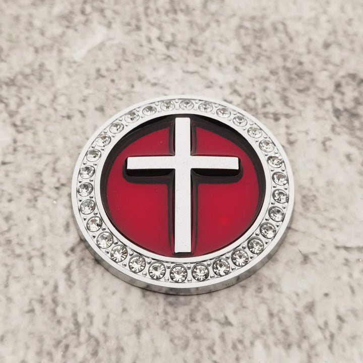 Christianartworkshop Rhinestone Rim Circular Raised Cross Car Sticker: A Symbol of Divine Grace & All-Round Journey Protection - Silver & Red - image 2