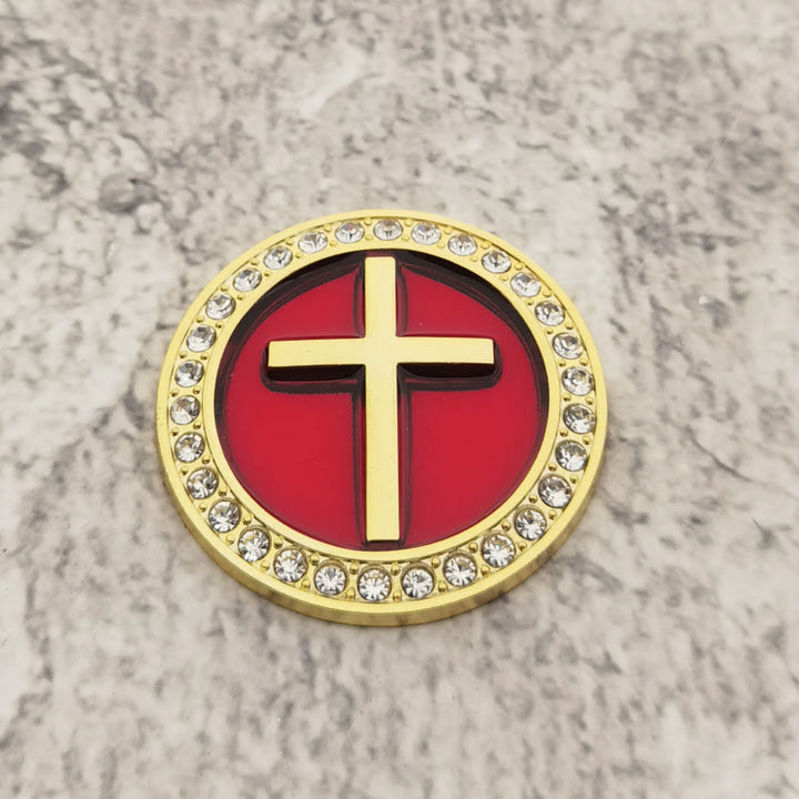Christianartworkshop Rhinestone Rim Circular Raised Cross Car Sticker: A Symbol of Divine Grace & All-Round Journey Protection - Golden & Red - image 7