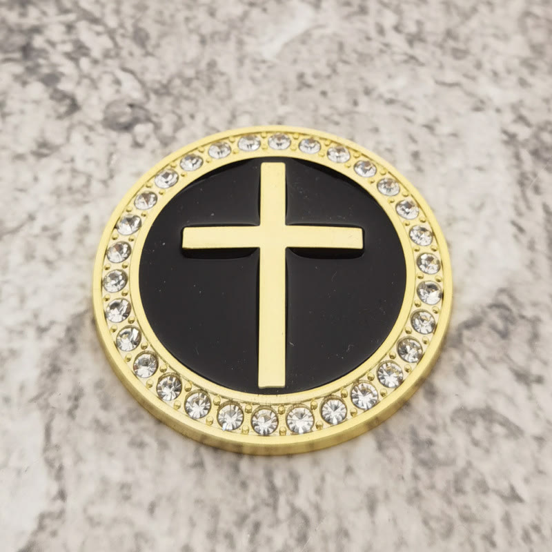 Christianartworkshop Rhinestone Rim Circular Raised Cross Car Sticker: A Symbol of Divine Grace & All-Round Journey Protection - Golden & Black - image 3