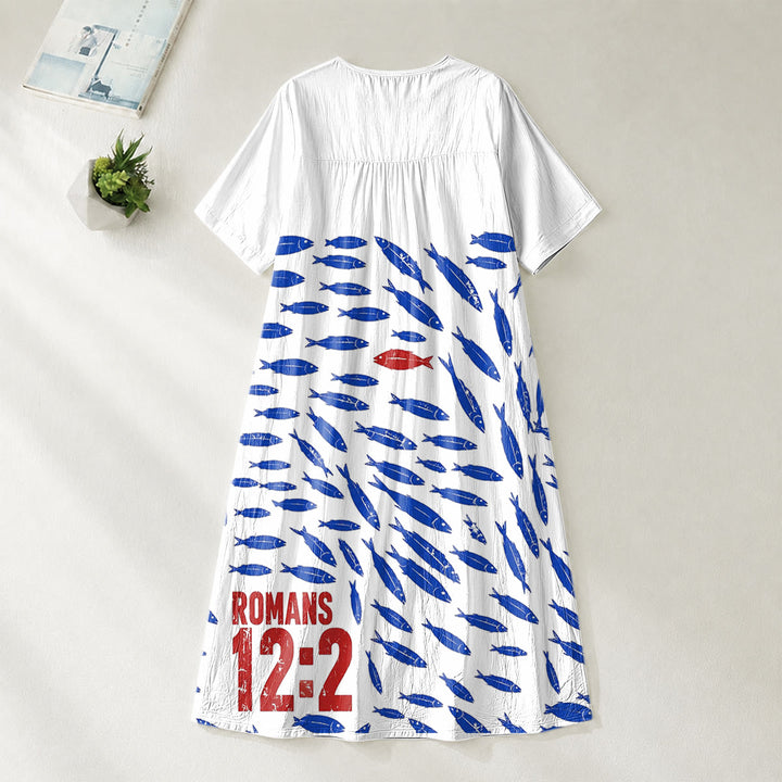 Christianartworkshop "Don't Conform Be Transformed" Romans 12:2 Fish Print V-Neck Short Sleeve Midi Dress - image 3