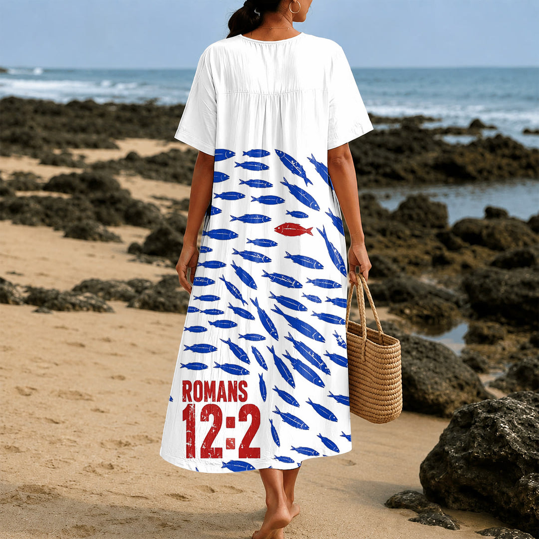 Christianartworkshop "Don't Conform Be Transformed" Romans 12:2 Fish Print V-Neck Short Sleeve Midi Dress - image 2