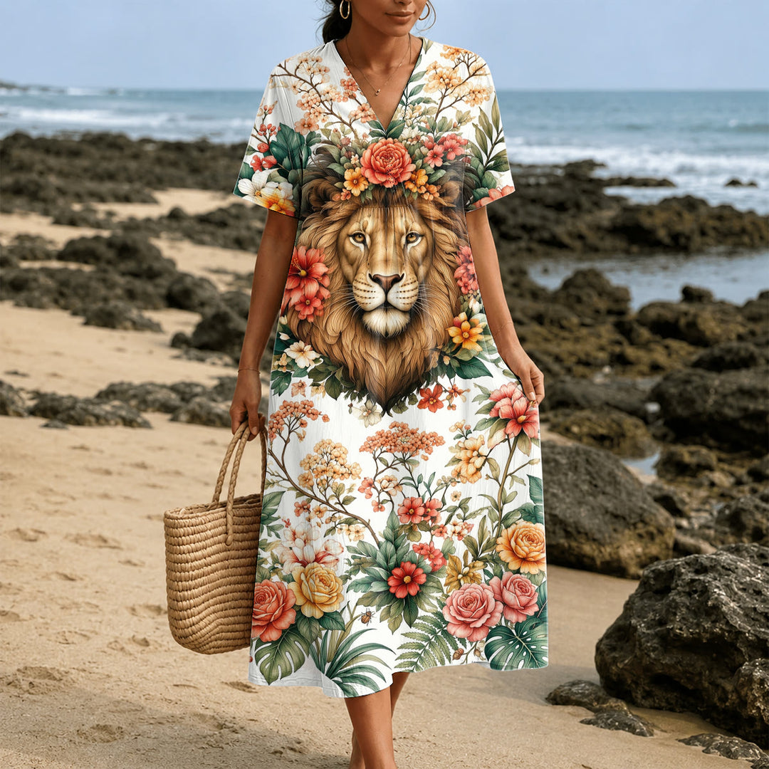 Christianartworkshop "Lion of Judah" Floral Wreath V-Neck Short Sleeve Midi Dress - 4XL - image 0