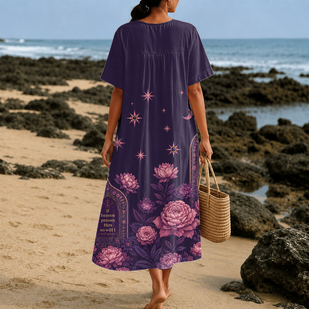 Christianartworkshop "If Heaven Praises Him" Peony Celestial V-Neck Short Sleeve Midi Dress - image 2