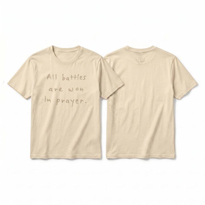 Christianartworkshop All Battles Are Won In Prayer Faith Affirmation Premium Short Sleeve T-Shirt - Beige - 2XL - image 13