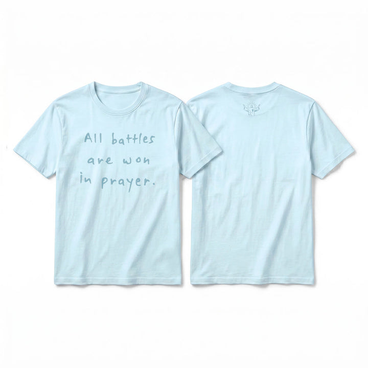 Christianartworkshop All Battles Are Won In Prayer Faith Affirmation Premium Short Sleeve T-Shirt - Blue - 2XL - image 16