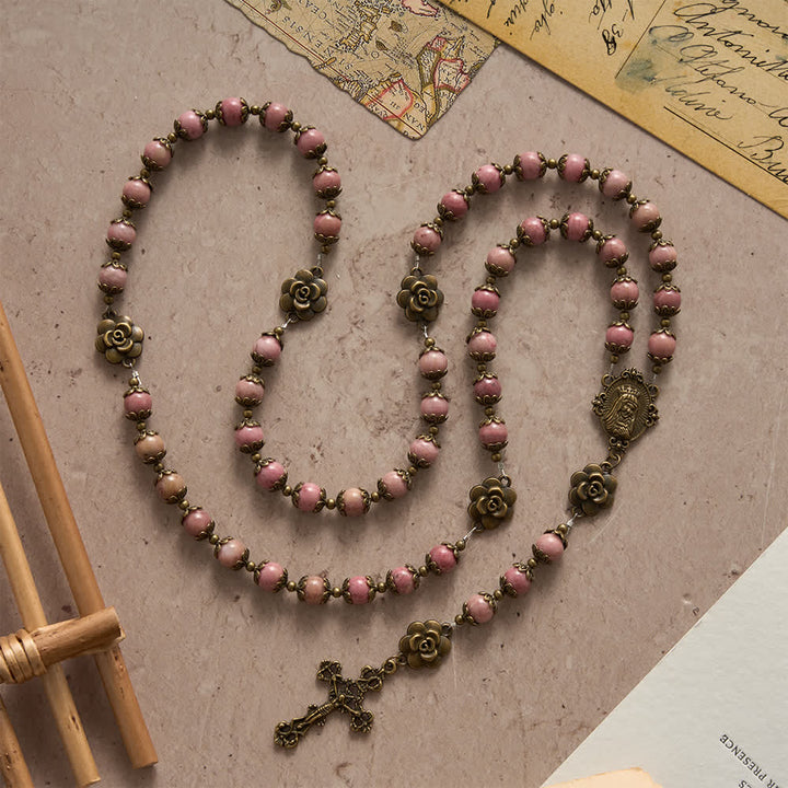 Christianartworkshop Natural Rhodochrosite Rosary with Antique Bronze Rose Floral Accents - image 4