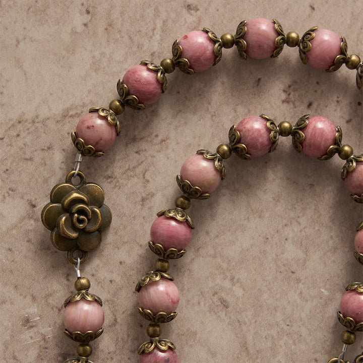 Christianartworkshop Natural Rhodochrosite Rosary with Antique Bronze Rose Floral Accents - image 5