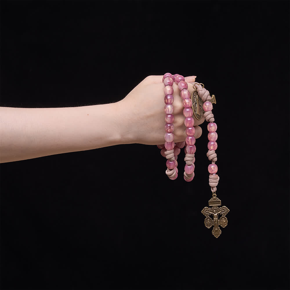 Christianartworkshop Blush Pink Paracord Rosary with Antique Bronze St. Benedict - image 1