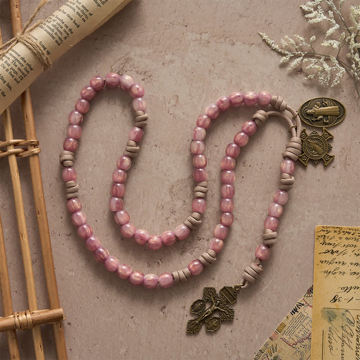 Christianartworkshop Blush Pink Paracord Rosary with Antique Bronze St. Benedict - image 4