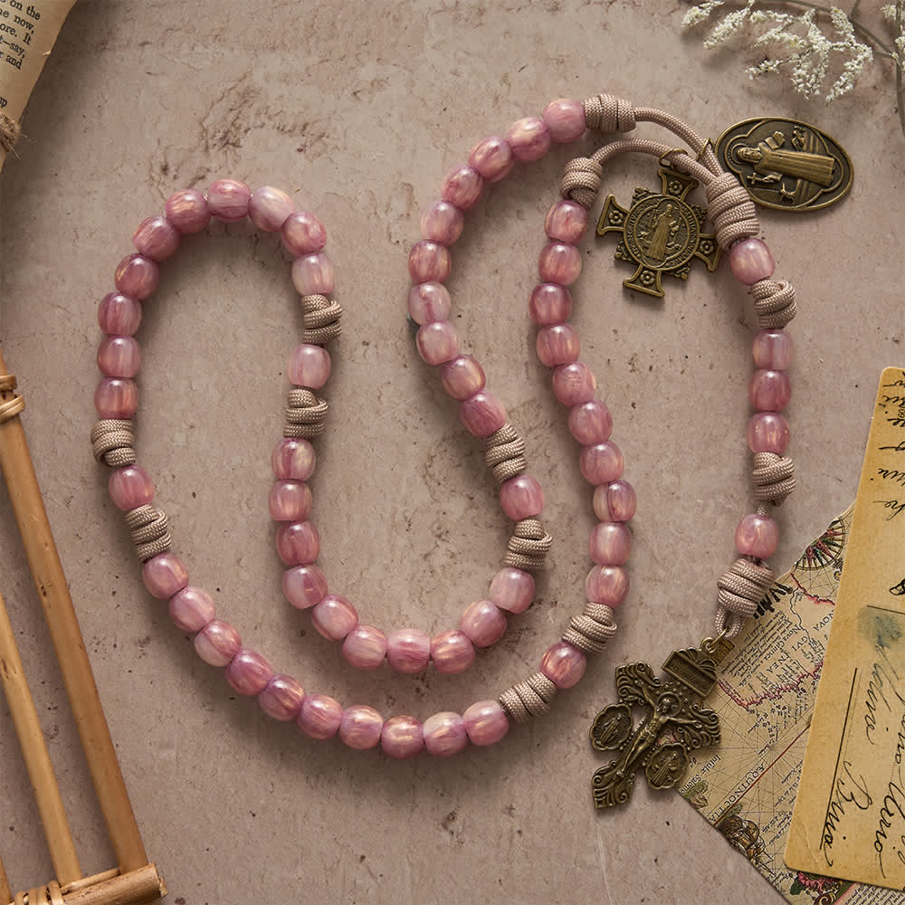 Christianartworkshop Blush Pink Paracord Rosary with Antique Bronze St. Benedict - image 5