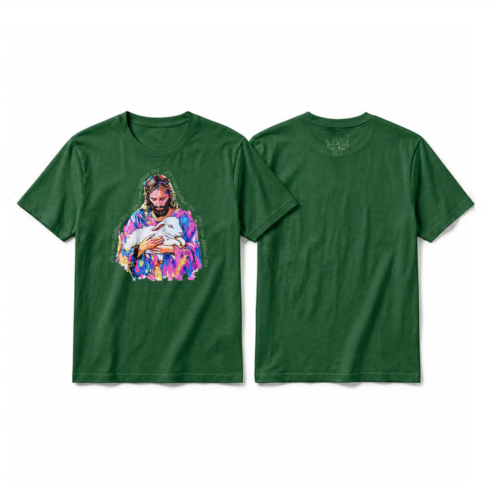 Christianartworkshop "He is Risen Matthew 28:6" Jesus and the Lamb Premium Short Sleeve T-Shirt - Dark Green - 2XL - image 4