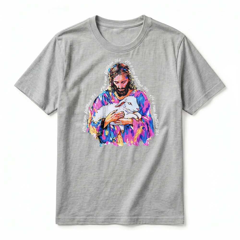 Christianartworkshop "He is Risen Matthew 28:6" Jesus and the Lamb Premium Short Sleeve T-Shirt - image 17