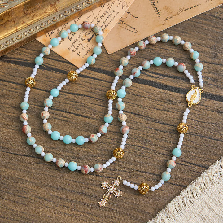 Christianartworkshop Soft Aqua Shoushan Stone Rosary: Our Lady Marian Devotion - Our Lady & Cross - image 0