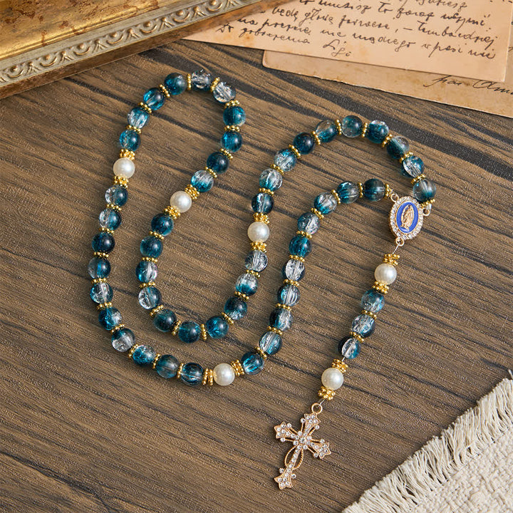 Christianartworkshop Blue Crackle Glass Bead Rosary for Daily Marian Devotion - Our Lady & Cross - image 0